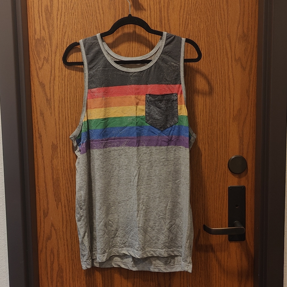 Unisex Pride Gray Tank Top with Rainbow Stripes